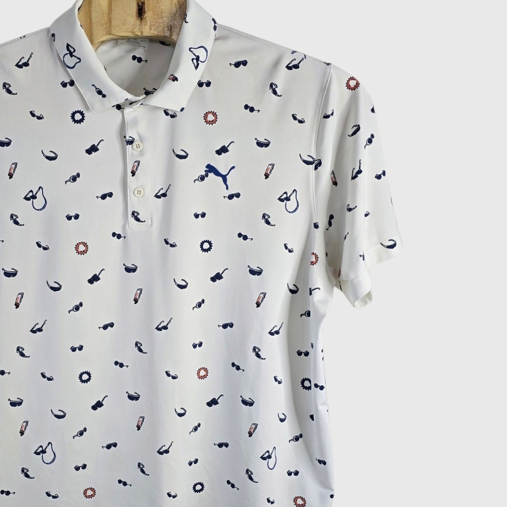 Puma Golf Mens XL White Sunglasses Novelty Print Performance Polo Shirt